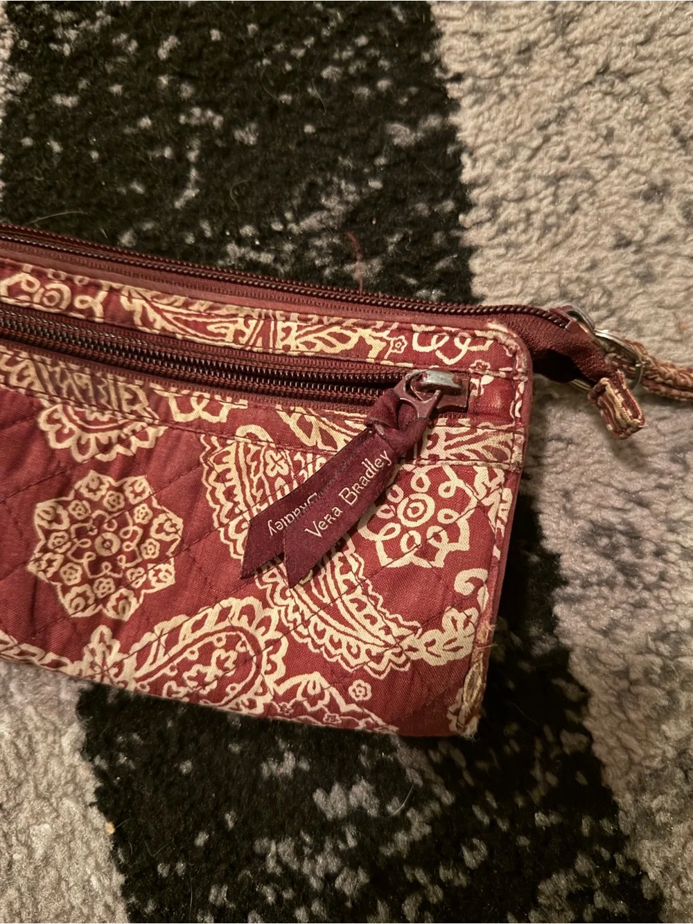Vera Bradley Burgundy and Cream Paisley Quilted Wristlet with TM Logo